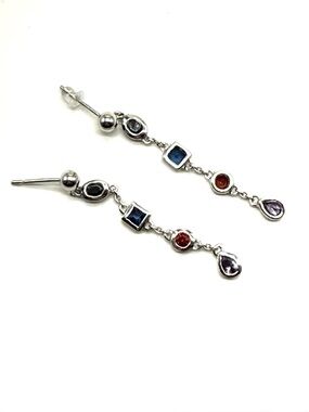 Sterling Silver 925 Earrings Multicolor Drop Earrings Blue, Red  & Purple Stones